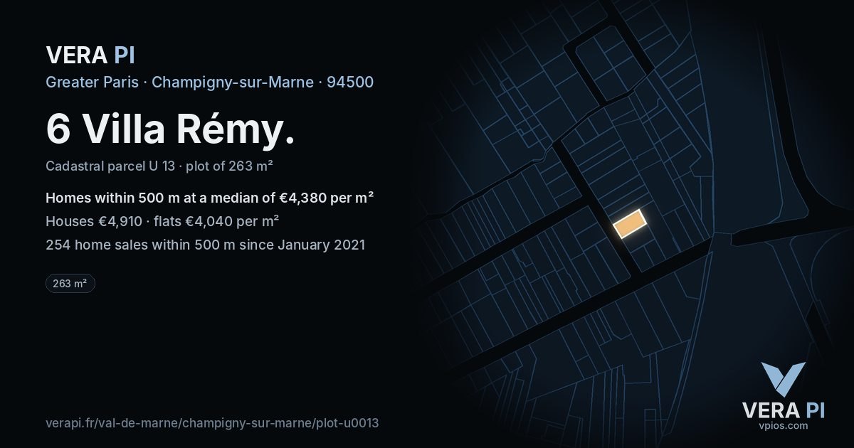 6 Villa Rémy, Champigny-sur-Marne at night – the plot lit, the parcels around coloured by the prices near them