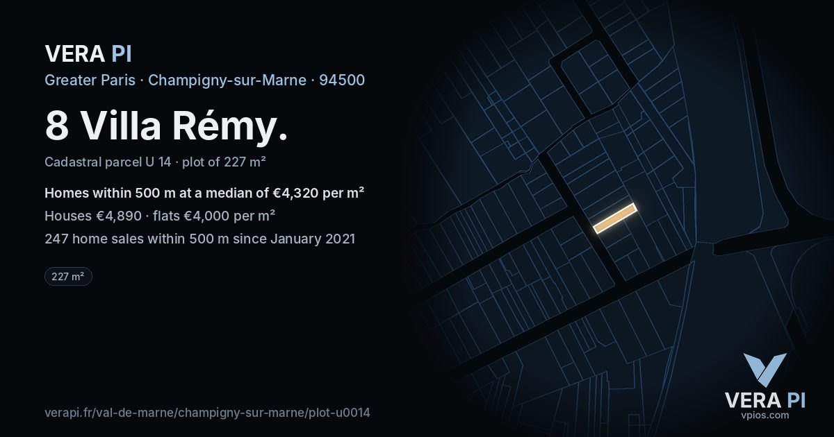 8 Villa Rémy, Champigny-sur-Marne at night – the plot lit, the parcels around coloured by the prices near them