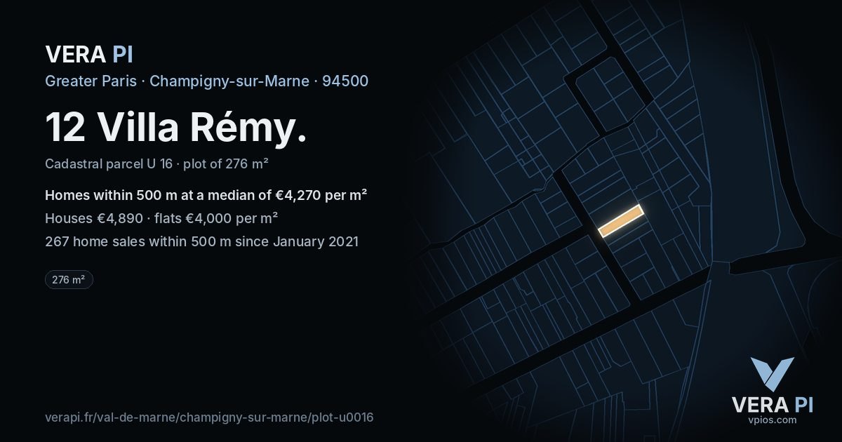 12 Villa Rémy, Champigny-sur-Marne at night – the plot lit, the parcels around coloured by the prices near them