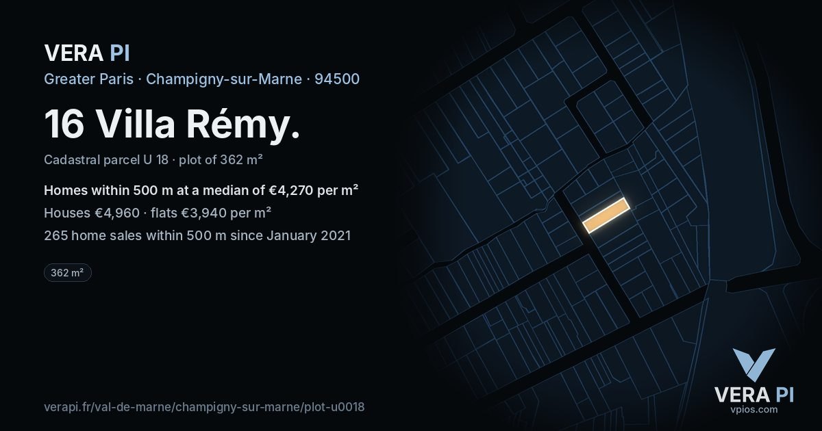16 Villa Rémy, Champigny-sur-Marne at night – the plot lit, the parcels around coloured by the prices near them