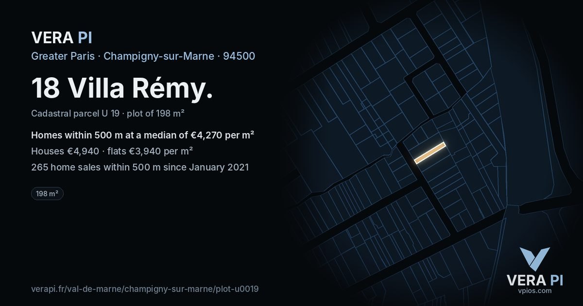 18 Villa Rémy, Champigny-sur-Marne at night – the plot lit, the parcels around coloured by the prices near them