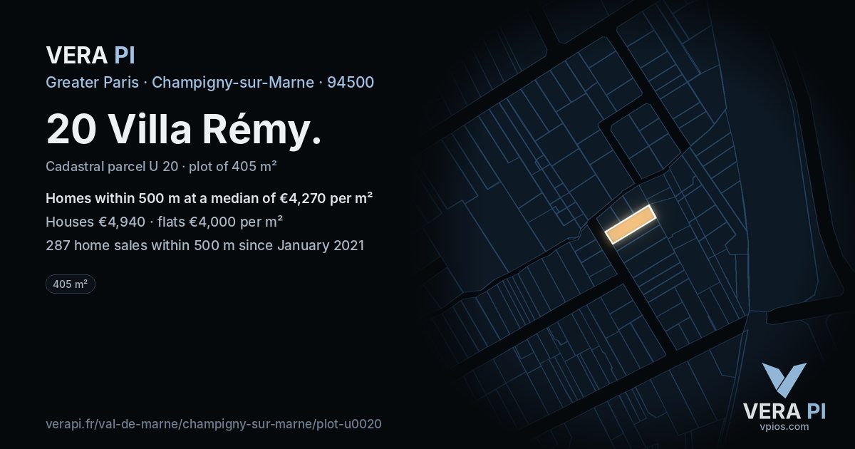 20 Villa Rémy, Champigny-sur-Marne at night – the plot lit, the parcels around coloured by the prices near them
