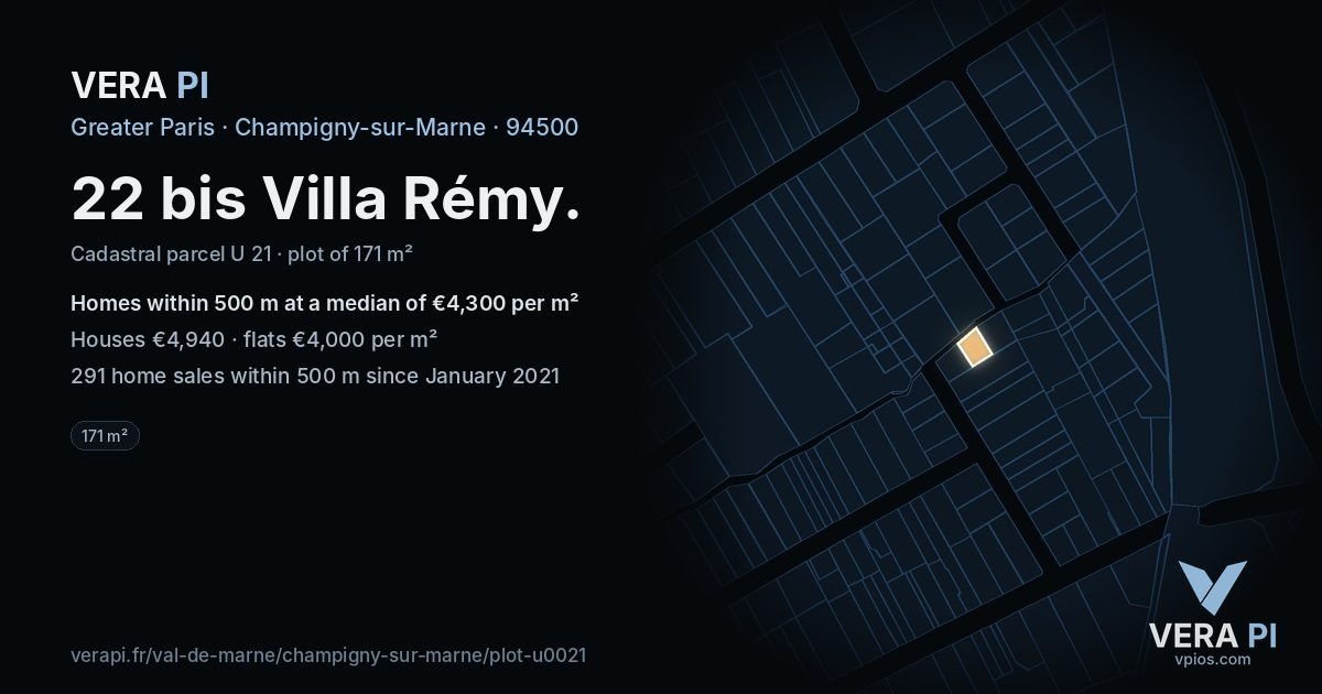 22 bis Villa Rémy, Champigny-sur-Marne at night – the plot lit, the parcels around coloured by the prices near them
