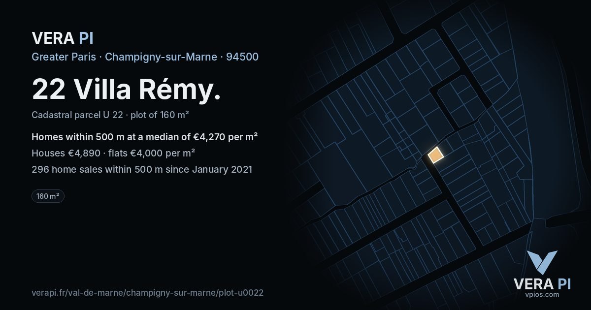 22 Villa Rémy, Champigny-sur-Marne at night – the plot lit, the parcels around coloured by the prices near them