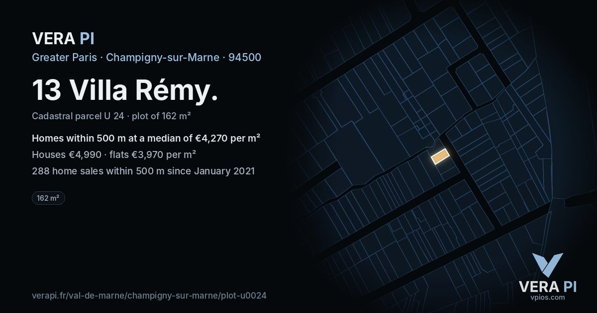 13 Villa Rémy, Champigny-sur-Marne at night – the plot lit, the parcels around coloured by the prices near them