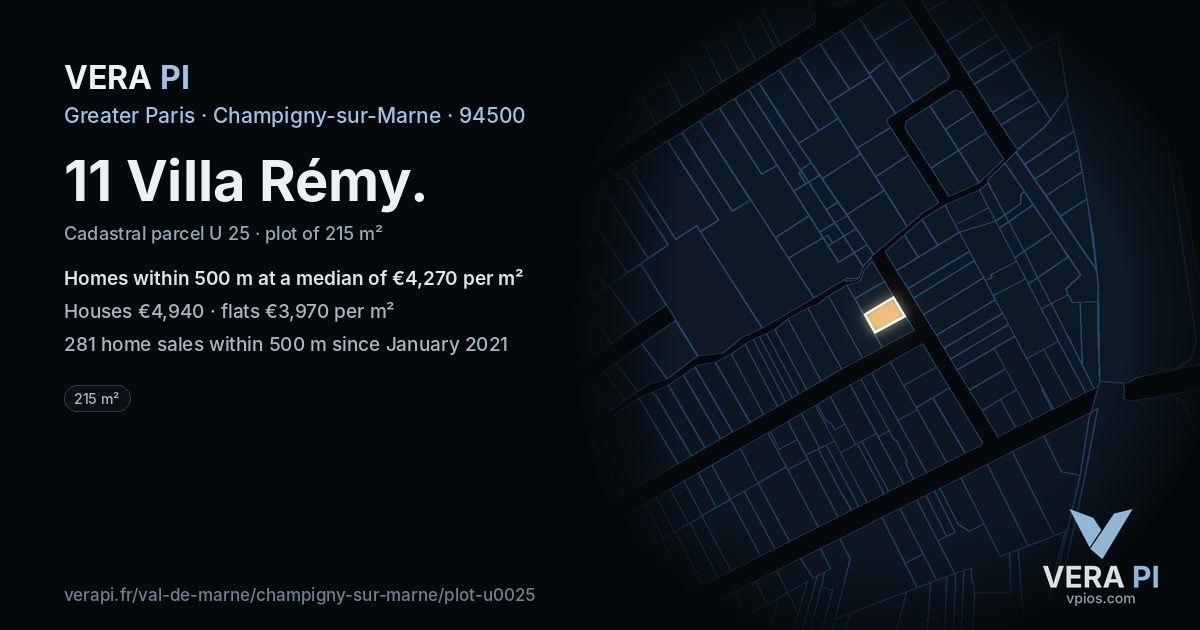 11 Villa Rémy, Champigny-sur-Marne at night – the plot lit, the parcels around coloured by the prices near them