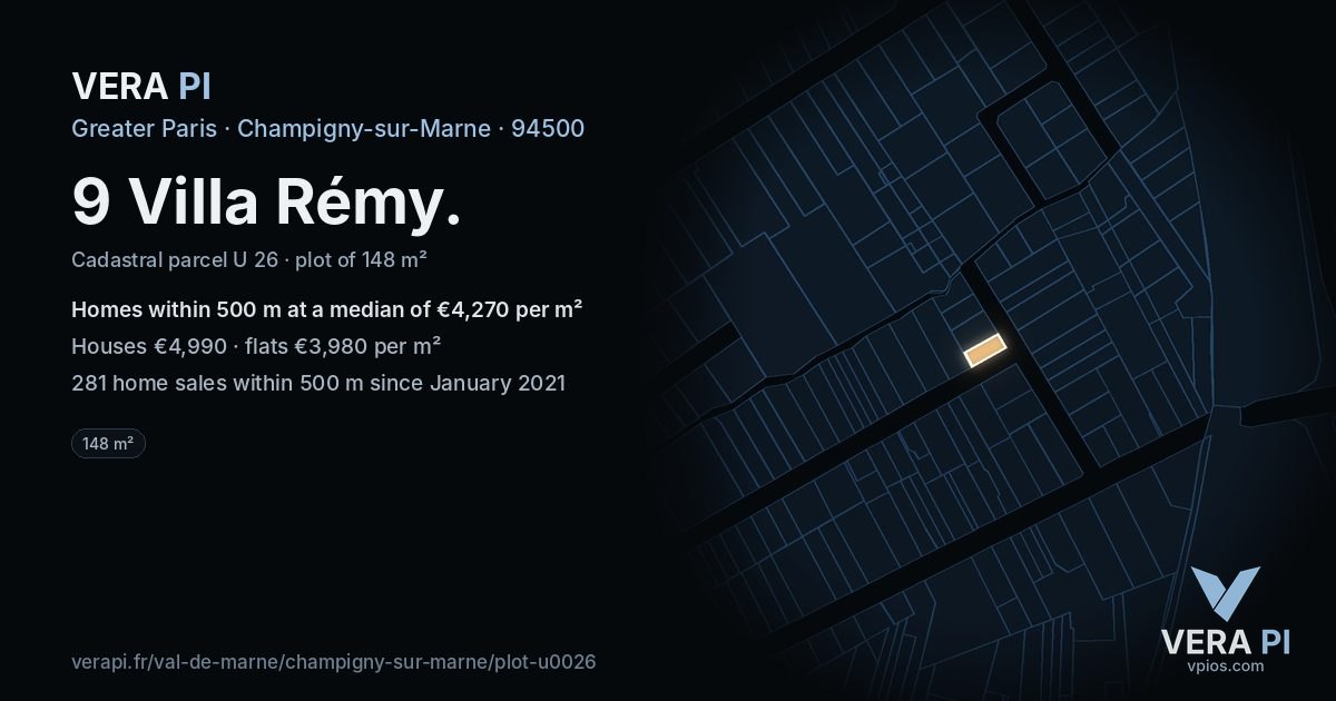 9 Villa Rémy, Champigny-sur-Marne at night – the plot lit, the parcels around coloured by the prices near them