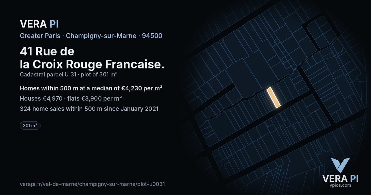 41 Rue de la Croix Rouge Francaise, Champigny-sur-Marne at night – the plot lit, the parcels around coloured by the prices near them
