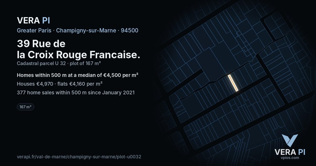39 Rue de la Croix Rouge Francaise, Champigny-sur-Marne at night – the plot lit, the parcels around coloured by the prices near them