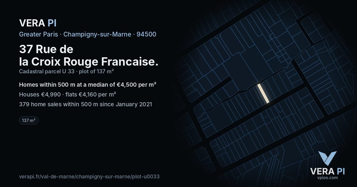 37 Rue de la Croix Rouge Francaise, Champigny-sur-Marne at night – the plot lit, the parcels around coloured by the prices near them