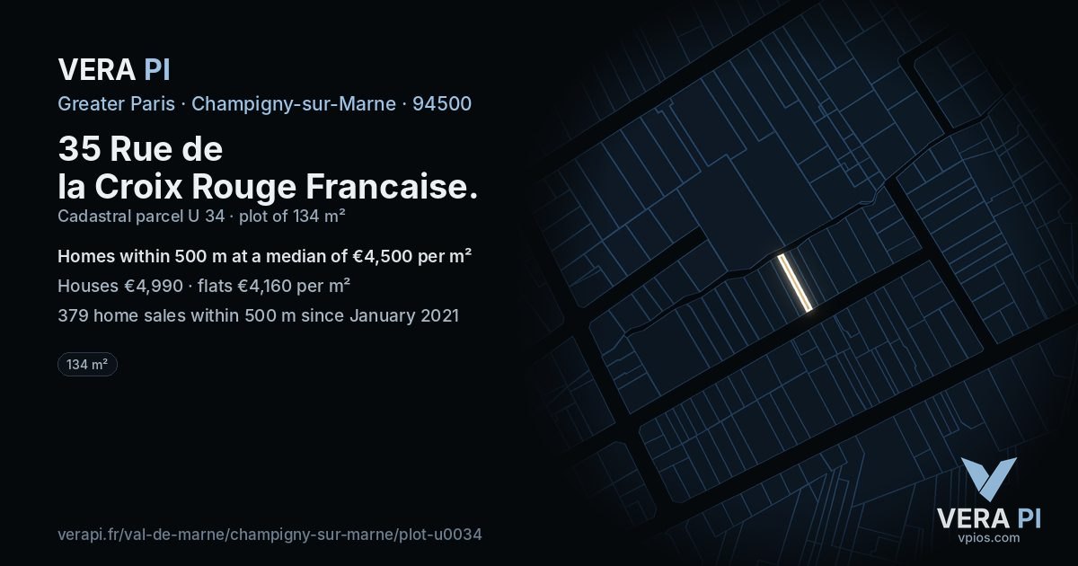35 Rue de la Croix Rouge Francaise, Champigny-sur-Marne at night – the plot lit, the parcels around coloured by the prices near them