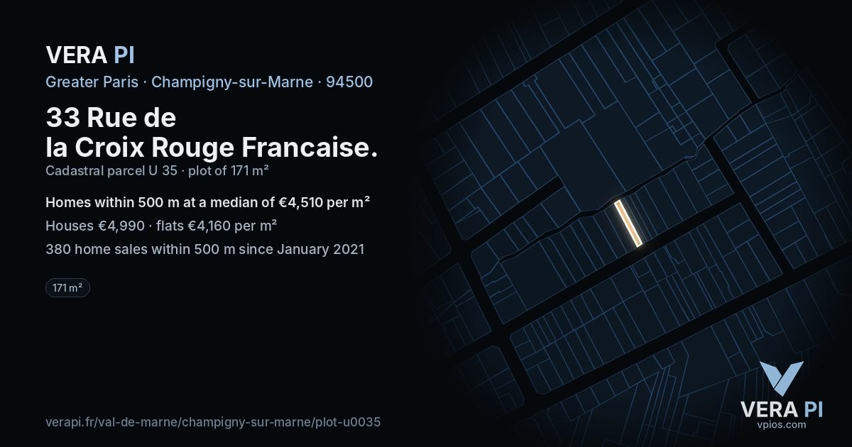 33 Rue de la Croix Rouge Francaise, Champigny-sur-Marne at night – the plot lit, the parcels around coloured by the prices near them