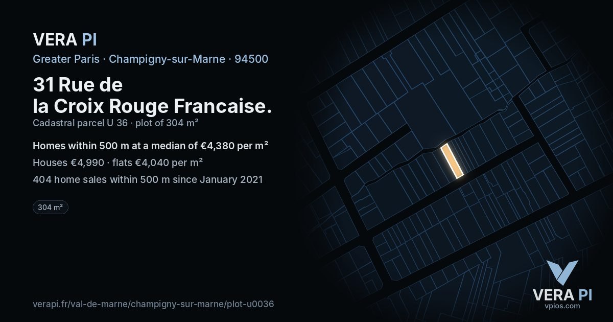 31 Rue de la Croix Rouge Francaise, Champigny-sur-Marne at night – the plot lit, the parcels around coloured by the prices near them