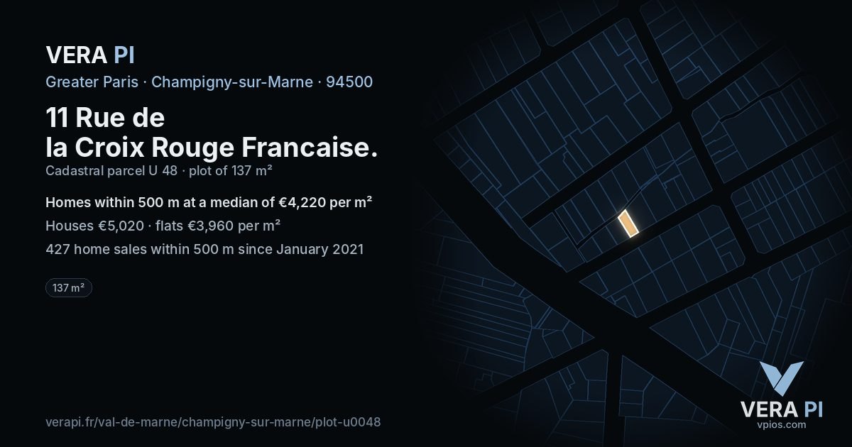 11 Rue de la Croix Rouge Francaise, Champigny-sur-Marne at night – the plot lit, the parcels around coloured by the prices near them