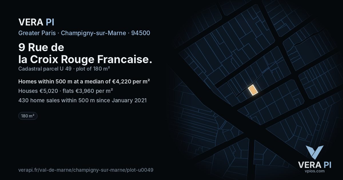 9 Rue de la Croix Rouge Francaise, Champigny-sur-Marne at night – the plot lit, the parcels around coloured by the prices near them