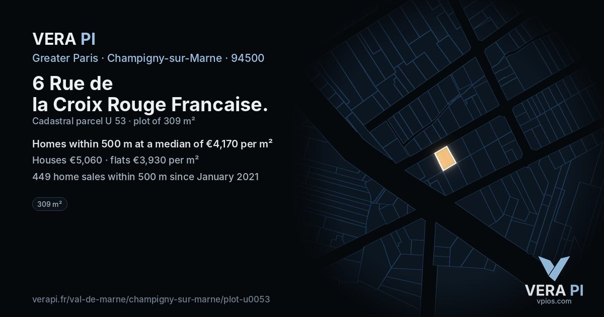 6 Rue de la Croix Rouge Francaise, Champigny-sur-Marne at night – the plot lit, the parcels around coloured by the prices near them