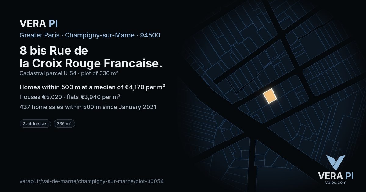 8 bis Rue de la Croix Rouge Francaise, Champigny-sur-Marne at night – the plot lit, the parcels around coloured by the prices near them