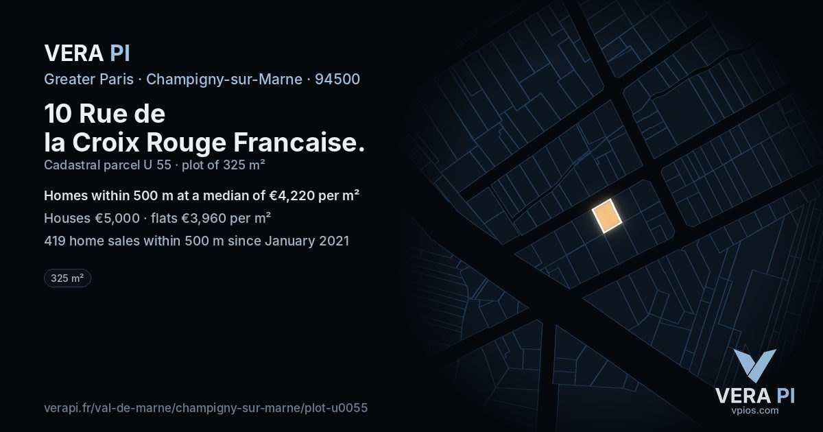 10 Rue de la Croix Rouge Francaise, Champigny-sur-Marne at night – the plot lit, the parcels around coloured by the prices near them