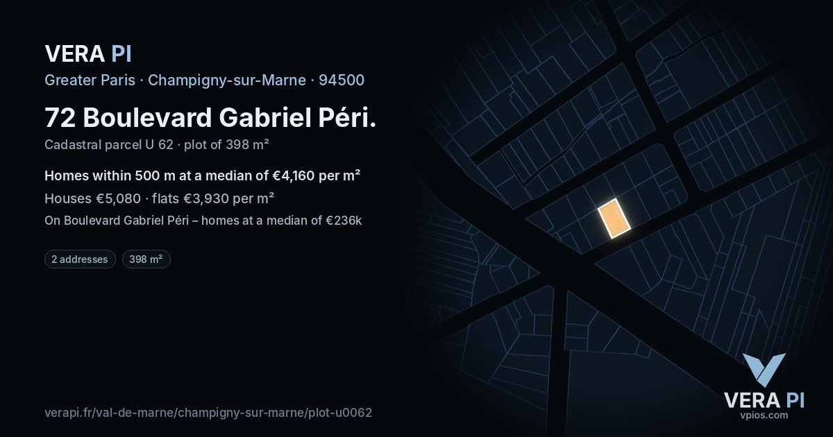 72 Boulevard Gabriel Péri, Champigny-sur-Marne at night – the plot lit, the parcels around coloured by the prices near them