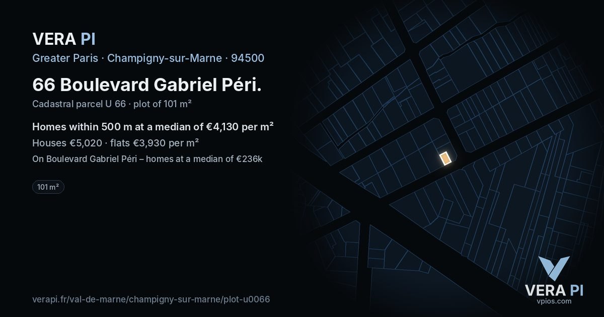 66 Boulevard Gabriel Péri, Champigny-sur-Marne at night – the plot lit, the parcels around coloured by the prices near them