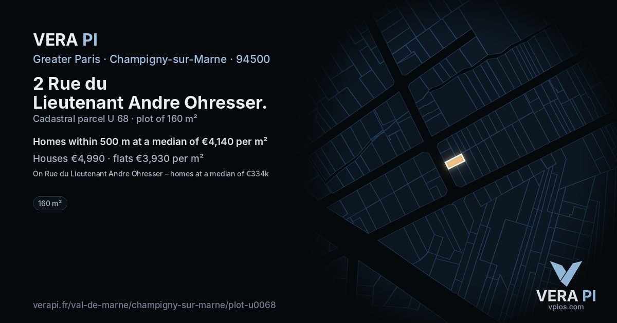 2 Rue du Lieutenant Andre Ohresser, Champigny-sur-Marne at night – the plot lit, the parcels around coloured by the prices near them