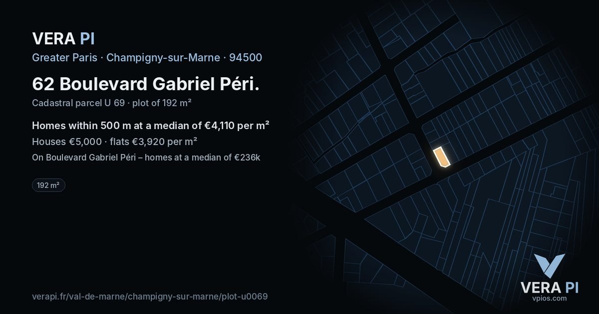 62 Boulevard Gabriel Péri, Champigny-sur-Marne at night – the plot lit, the parcels around coloured by the prices near them