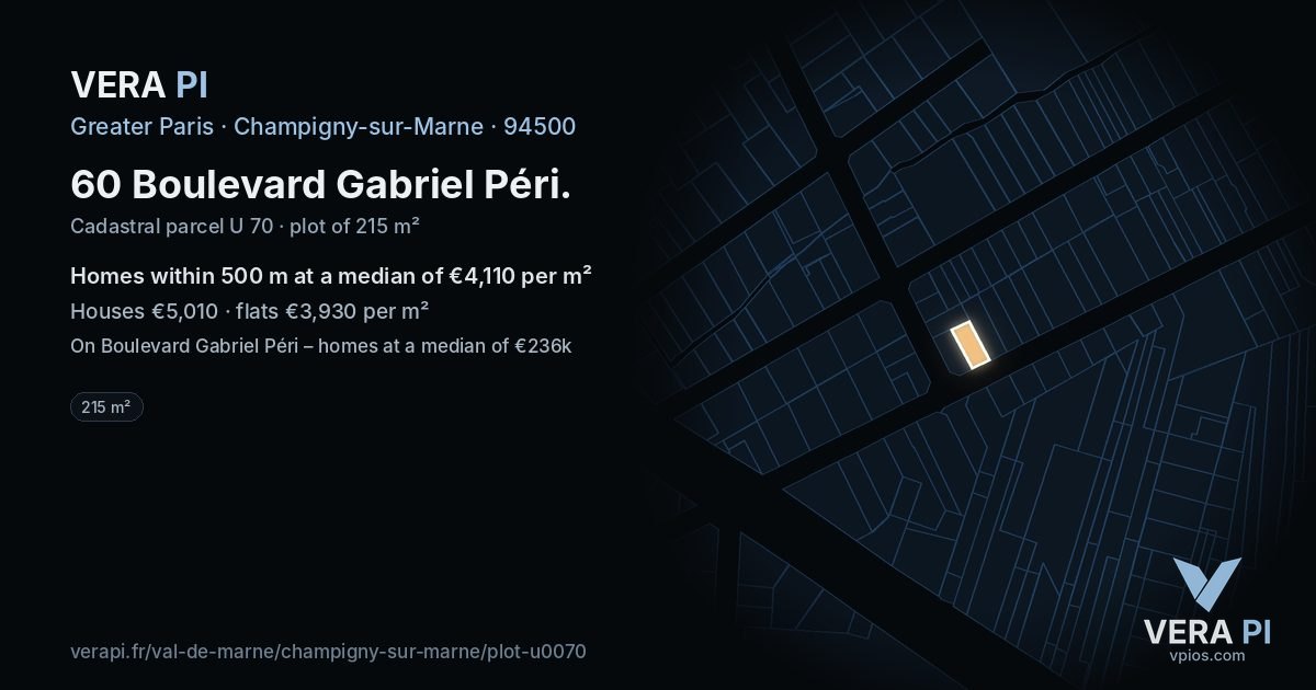 60 Boulevard Gabriel Péri, Champigny-sur-Marne at night – the plot lit, the parcels around coloured by the prices near them