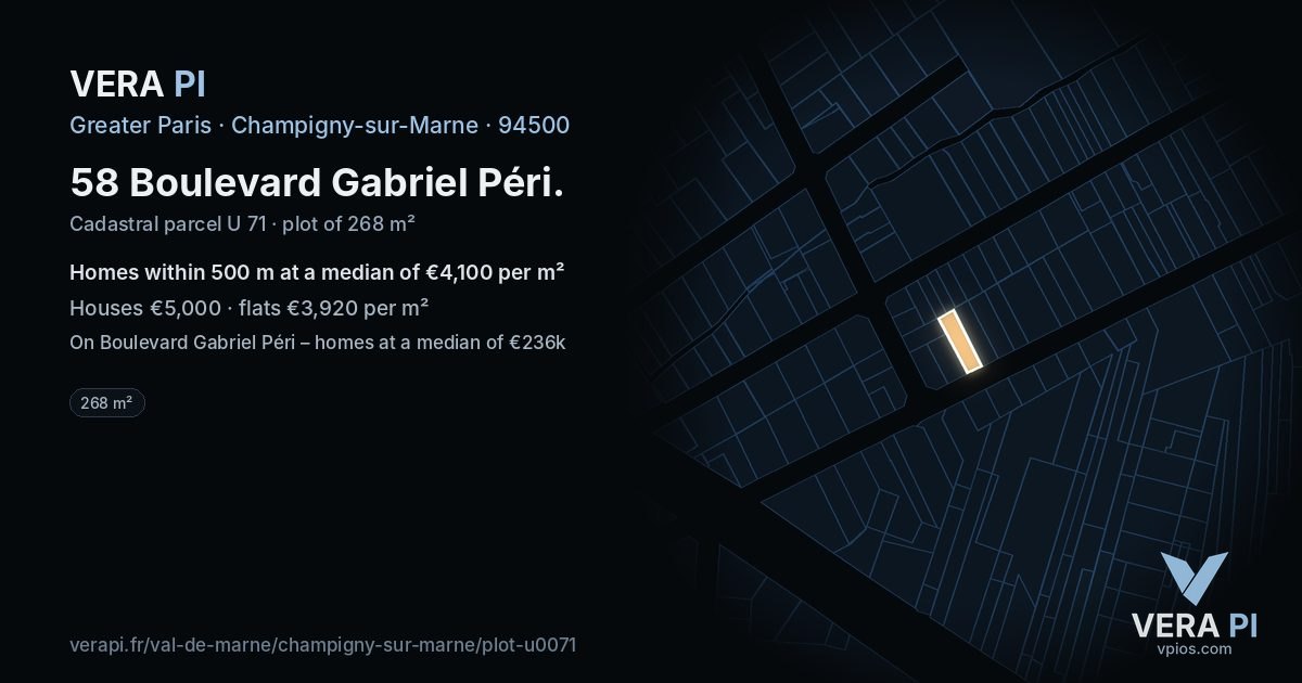 58 Boulevard Gabriel Péri, Champigny-sur-Marne at night – the plot lit, the parcels around coloured by the prices near them