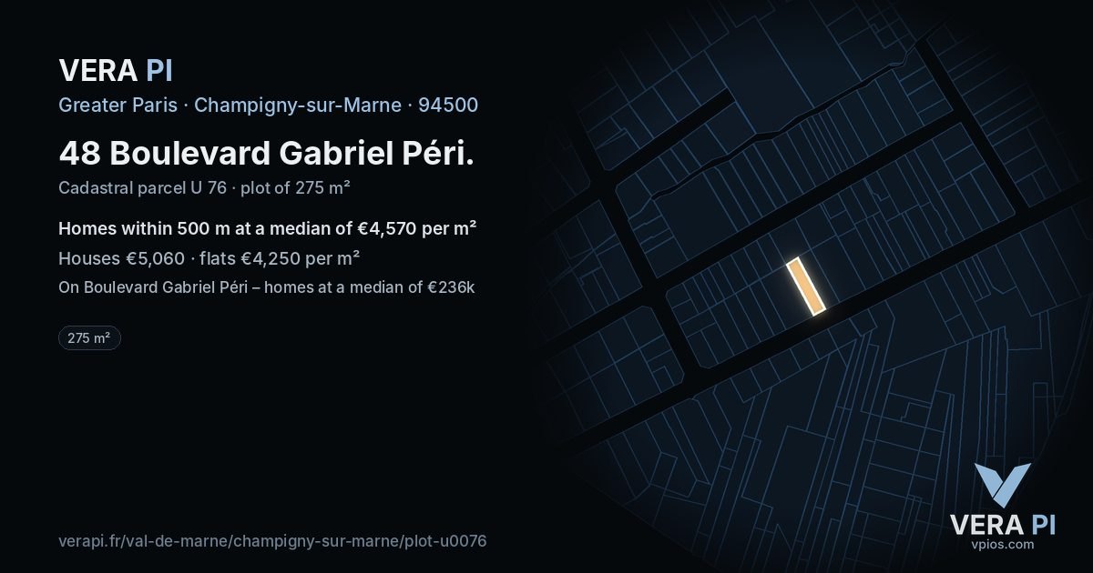 48 Boulevard Gabriel Péri, Champigny-sur-Marne at night – the plot lit, the parcels around coloured by the prices near them