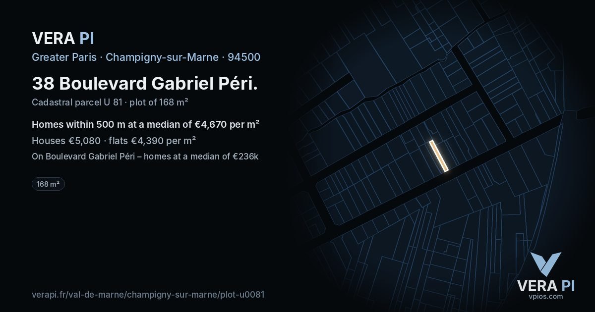 38 Boulevard Gabriel Péri, Champigny-sur-Marne at night – the plot lit, the parcels around coloured by the prices near them