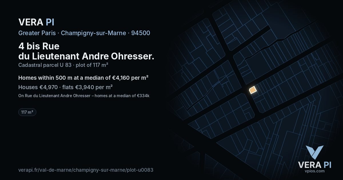 4 bis Rue du Lieutenant Andre Ohresser, Champigny-sur-Marne at night – the plot lit, the parcels around coloured by the prices near them