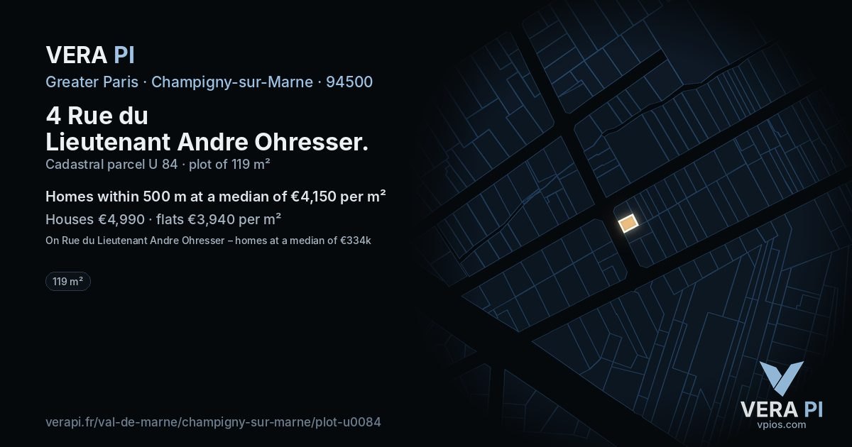 4 Rue du Lieutenant Andre Ohresser, Champigny-sur-Marne at night – the plot lit, the parcels around coloured by the prices near them