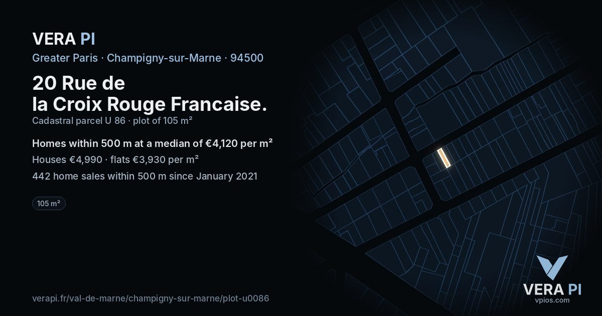 20 Rue de la Croix Rouge Francaise, Champigny-sur-Marne at night – the plot lit, the parcels around coloured by the prices near them