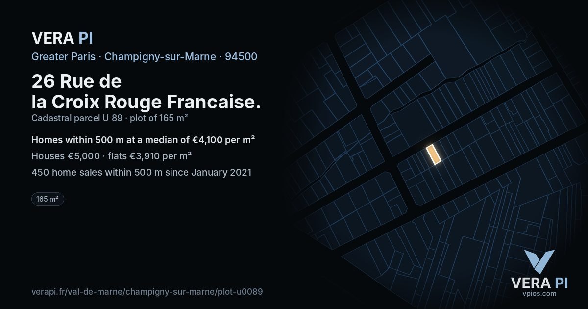 26 Rue de la Croix Rouge Francaise, Champigny-sur-Marne at night – the plot lit, the parcels around coloured by the prices near them