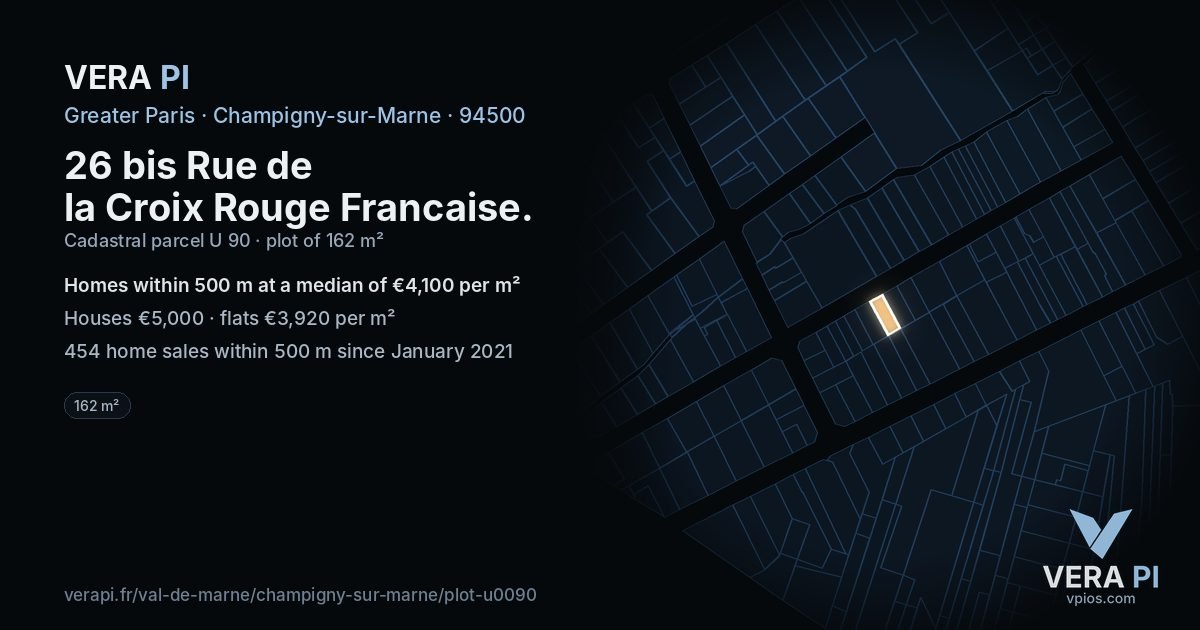 26 bis Rue de la Croix Rouge Francaise, Champigny-sur-Marne at night – the plot lit, the parcels around coloured by the prices near them