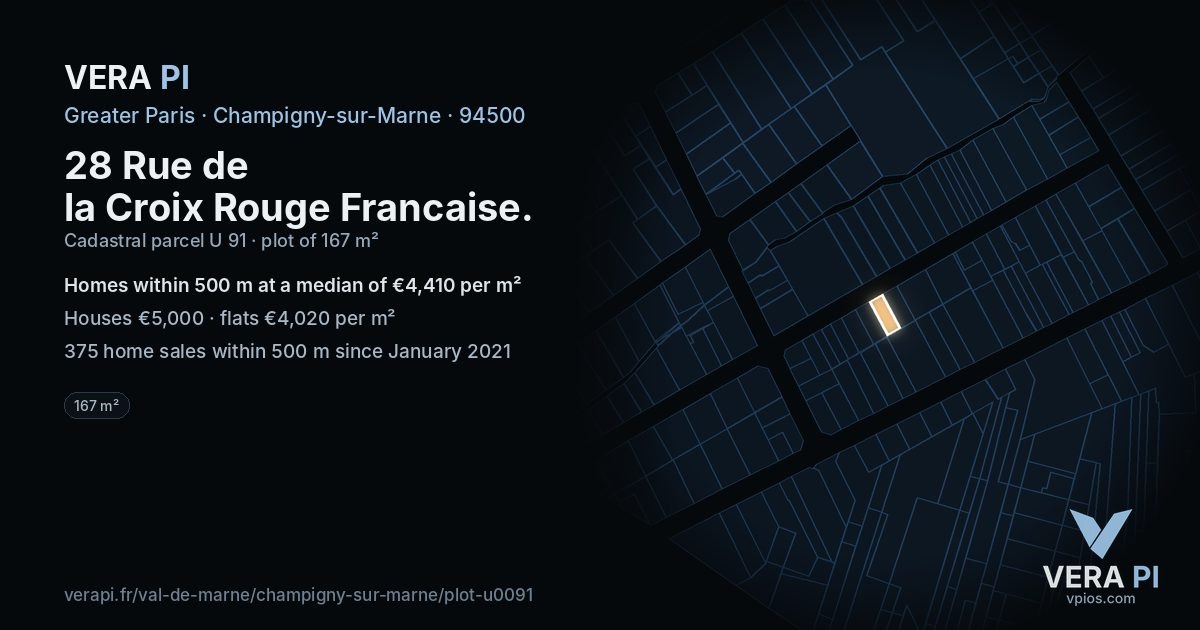 28 Rue de la Croix Rouge Francaise, Champigny-sur-Marne at night – the plot lit, the parcels around coloured by the prices near them