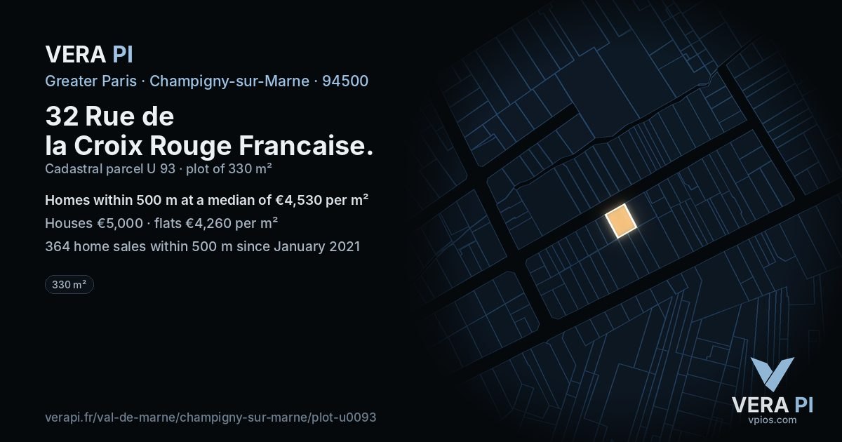 32 Rue de la Croix Rouge Francaise, Champigny-sur-Marne at night – the plot lit, the parcels around coloured by the prices near them