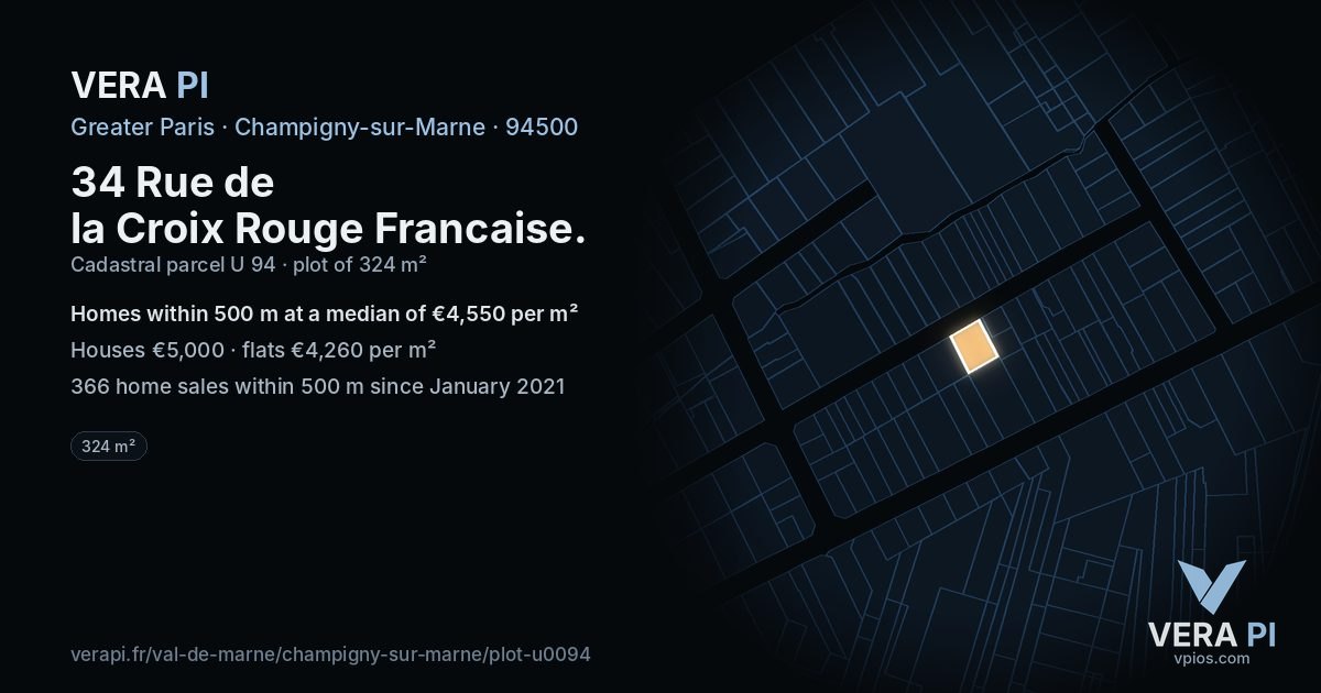 34 Rue de la Croix Rouge Francaise, Champigny-sur-Marne at night – the plot lit, the parcels around coloured by the prices near them
