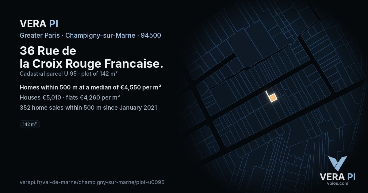36 Rue de la Croix Rouge Francaise, Champigny-sur-Marne at night – the plot lit, the parcels around coloured by the prices near them
