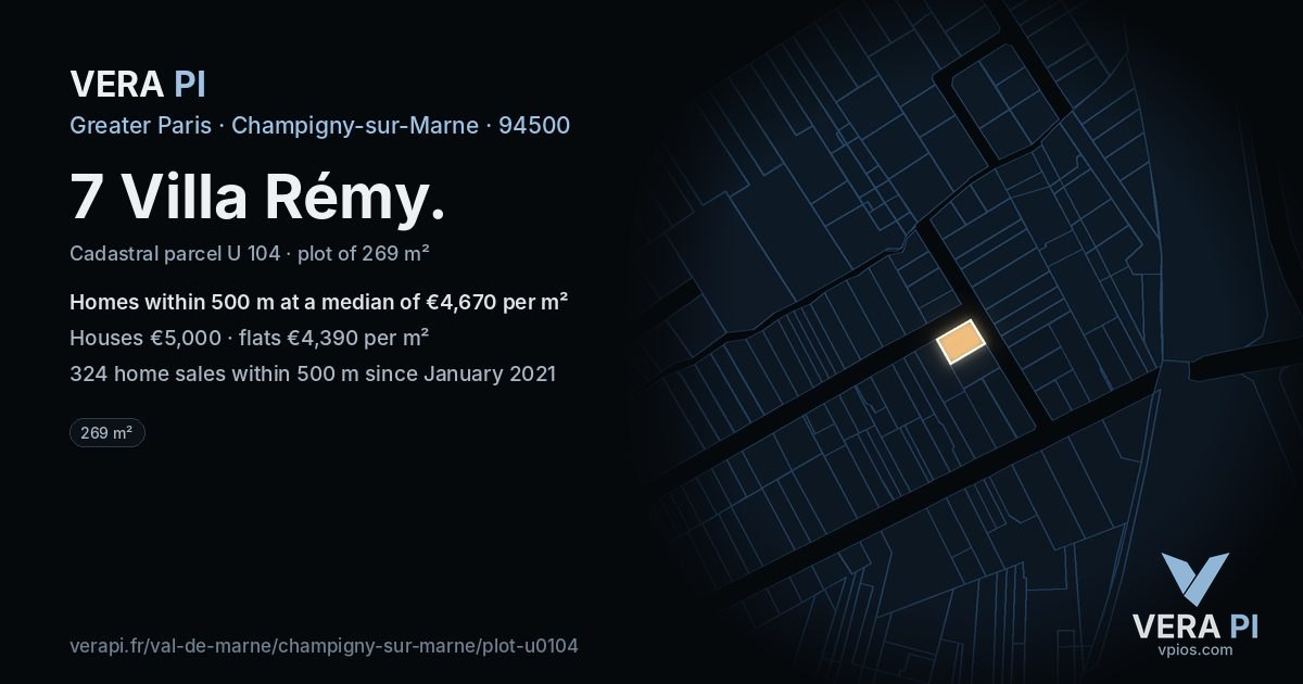 7 Villa Rémy, Champigny-sur-Marne at night – the plot lit, the parcels around coloured by the prices near them