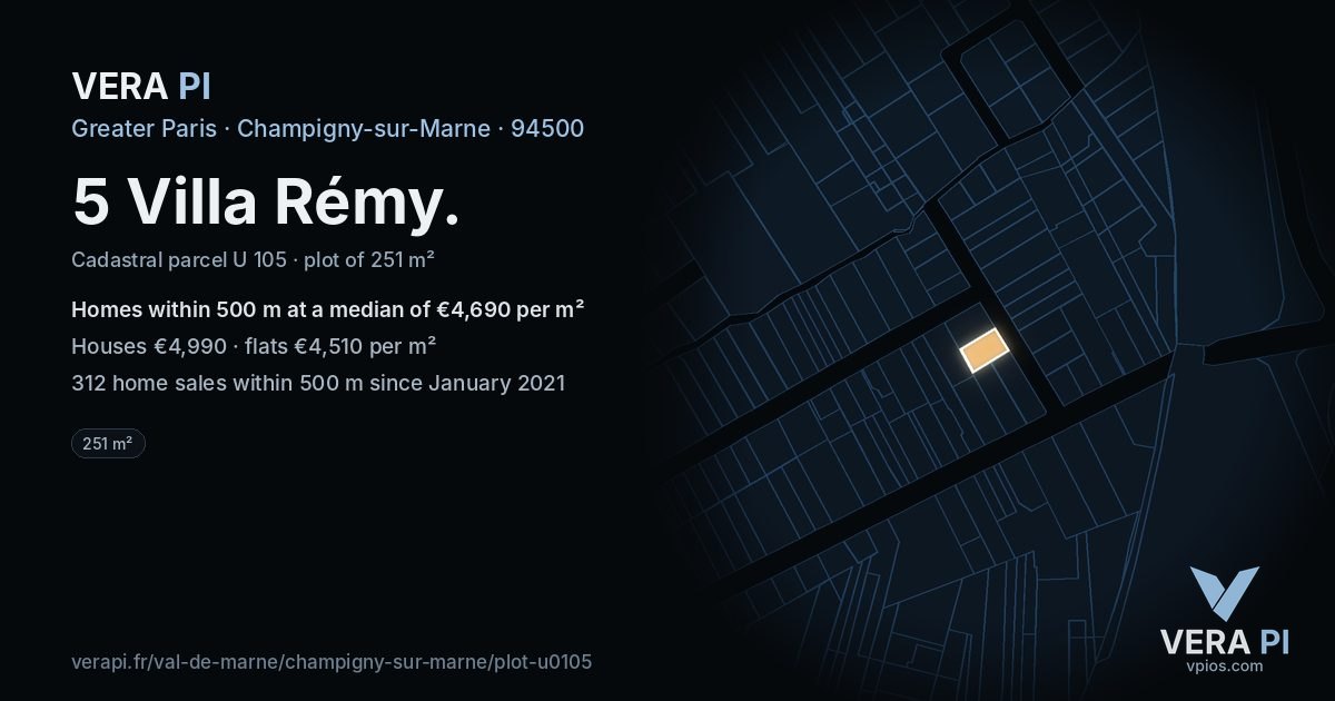 5 Villa Rémy, Champigny-sur-Marne at night – the plot lit, the parcels around coloured by the prices near them