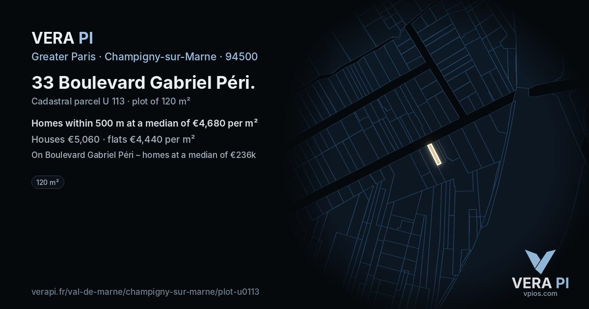 33 Boulevard Gabriel Péri, Champigny-sur-Marne at night – the plot lit, the parcels around coloured by the prices near them
