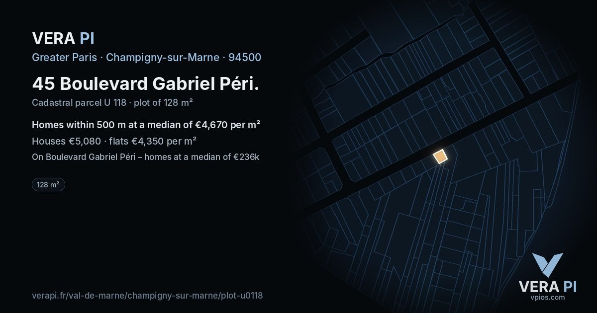 45 Boulevard Gabriel Péri, Champigny-sur-Marne at night – the plot lit, the parcels around coloured by the prices near them