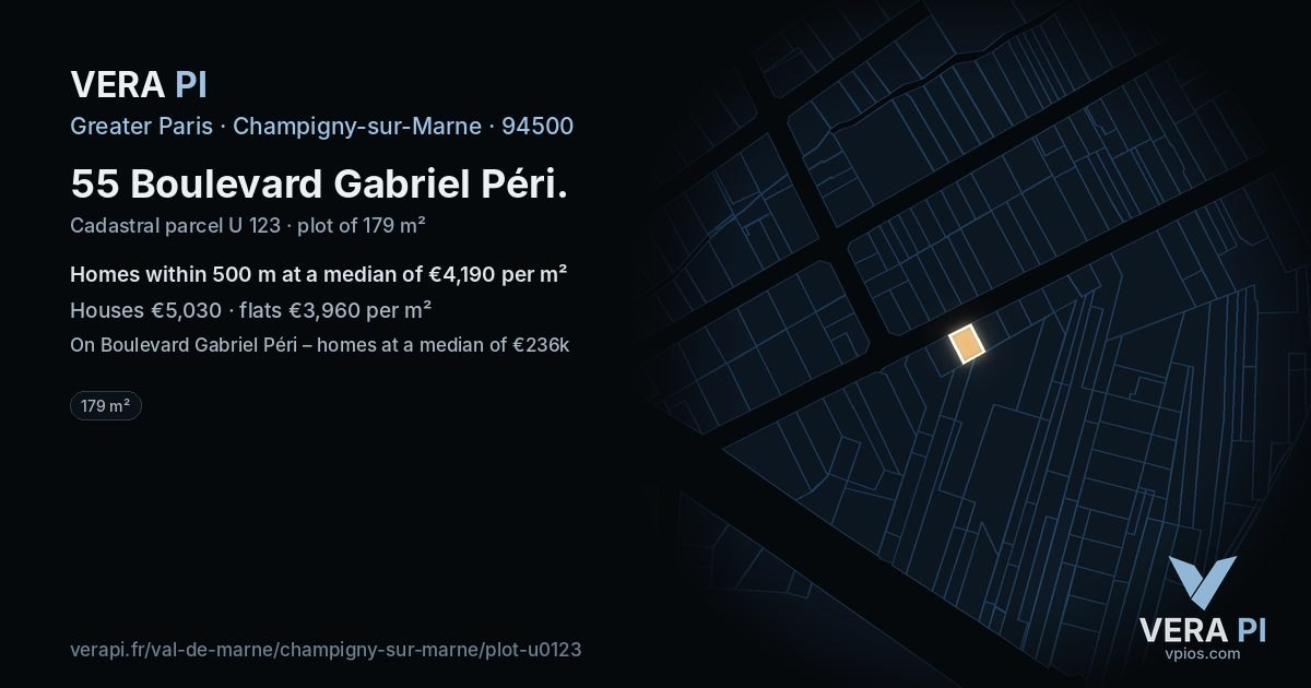 55 Boulevard Gabriel Péri, Champigny-sur-Marne at night – the plot lit, the parcels around coloured by the prices near them