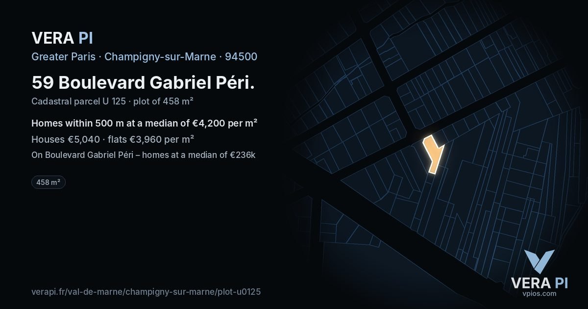 59 Boulevard Gabriel Péri, Champigny-sur-Marne at night – the plot lit, the parcels around coloured by the prices near them