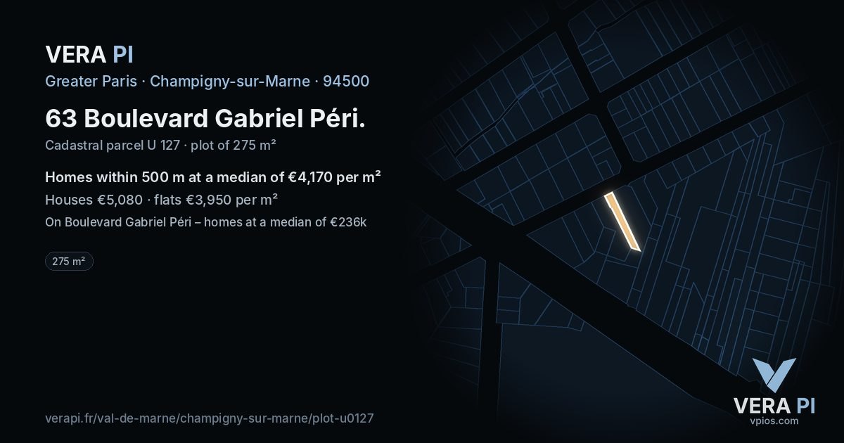 63 Boulevard Gabriel Péri, Champigny-sur-Marne at night – the plot lit, the parcels around coloured by the prices near them