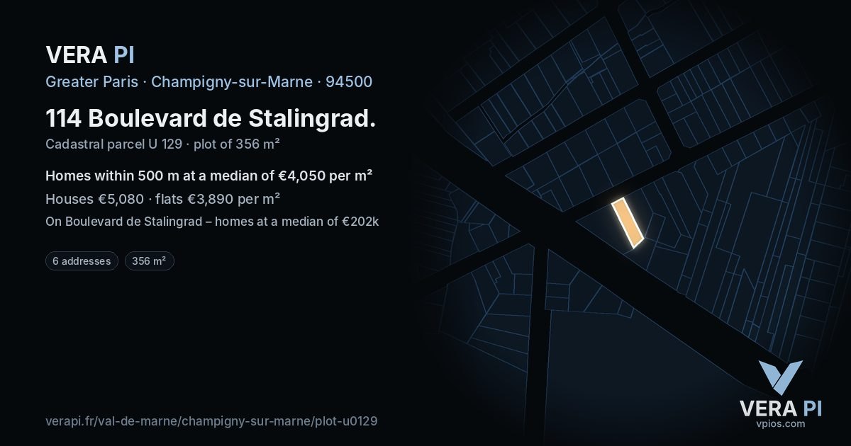 114 Boulevard de Stalingrad, Champigny-sur-Marne at night – the plot lit, the parcels around coloured by the prices near them