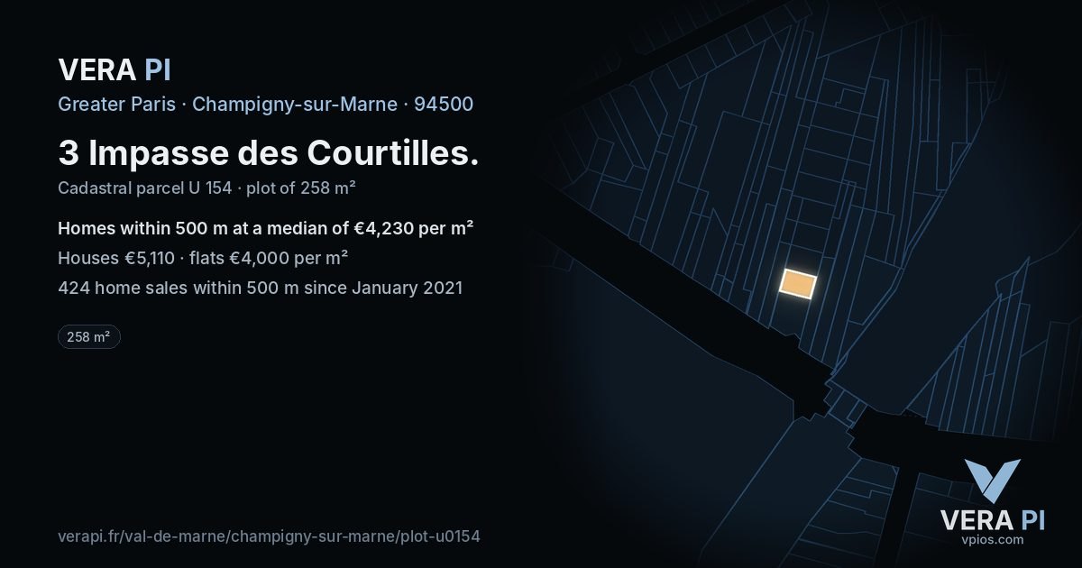 3 Impasse des Courtilles, Champigny-sur-Marne at night – the plot lit, the parcels around coloured by the prices near them