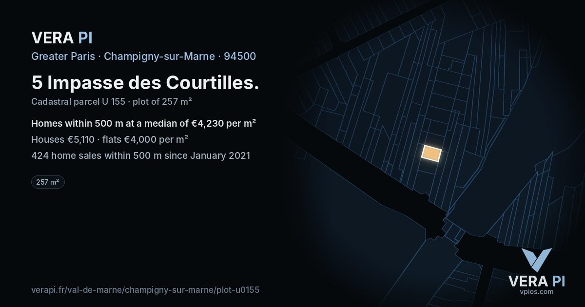 5 Impasse des Courtilles, Champigny-sur-Marne at night – the plot lit, the parcels around coloured by the prices near them