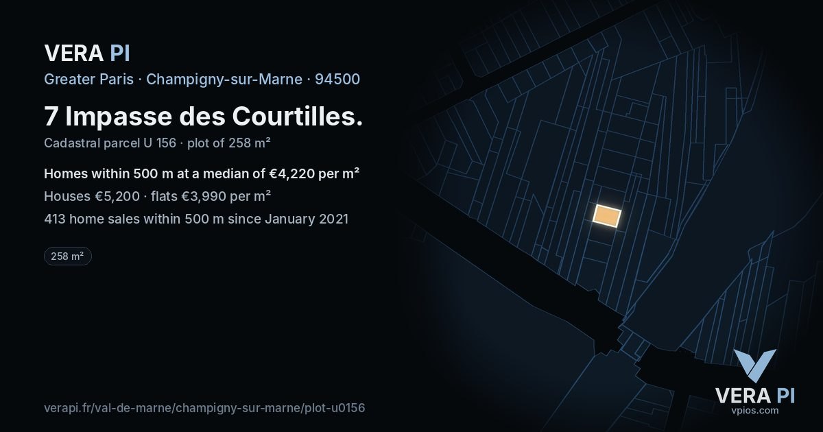 7 Impasse des Courtilles, Champigny-sur-Marne at night – the plot lit, the parcels around coloured by the prices near them